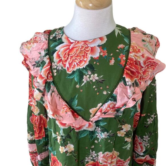 Farm Rio Anthropologie Elinor Tunic Dress Ruffles Long Sleeves Green Pink SMALL - Picture 8 of 14